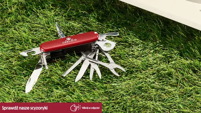 Czerwony scyzoryk Gerlach z licznymi narzędziami, pokazujący swoje wszechstronne funkcje. Idealny towarzysz na każdą okazję.