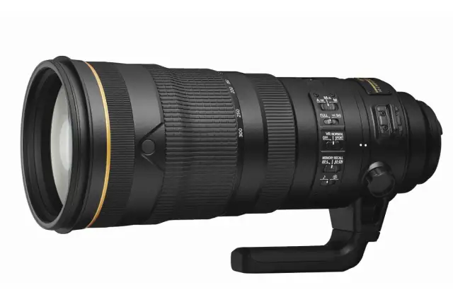Profesjonalny obiektyw af-s z uchwytem, z oznaczeniami ogniskowych 200-300 mm i przełącznikami trybów.