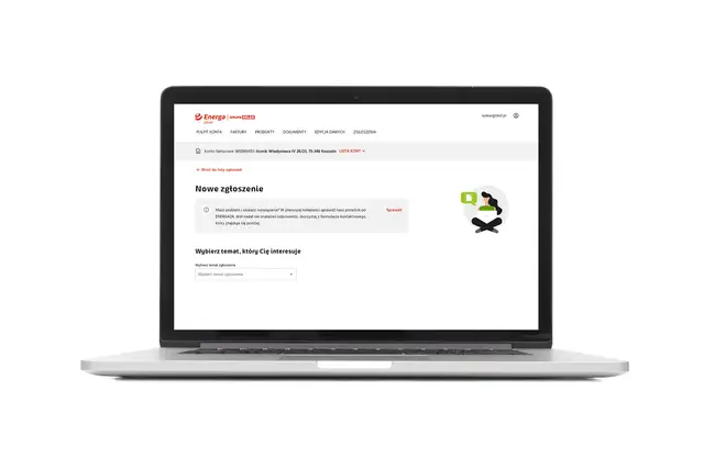 Laptop z otwartą stroną internetową Energa, widok panelu klienta z opcjami zgłoszeń.