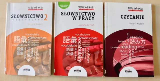 Trzy okładki książek do nauki języka polskiego: "Słownictwo 2", "Słownictwo w pracy" i "Czytanie".