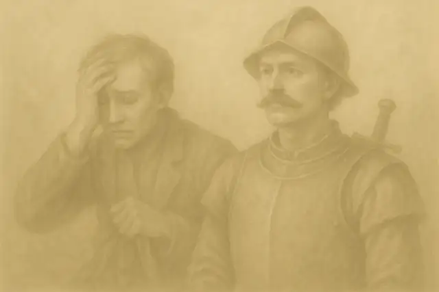 Dwóch mężczyzn: jeden w zbroi z mieczem, drugi ze smutkiem trzymający się za głowę.