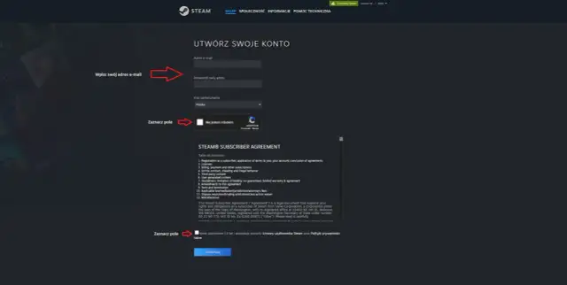 Tworzenie konta Steam, wpisanie adresu e-mail i potwierdzenie akceptacji warunków, aby móc dokonać steam aktywacja klucza.