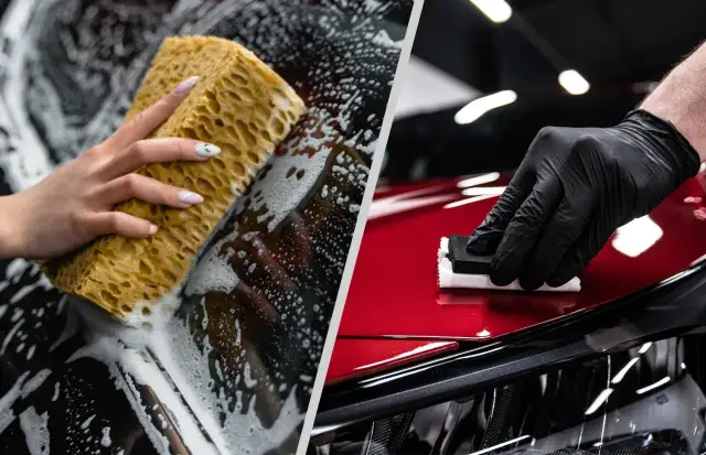 Mycie i polerowanie samochodu. Ręka z gąbką myje karoserię, a druga w czarnej rękawiczce nakłada preparat.