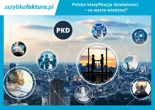 Ilustracja przedstawia miasto z nałożonymi okręgami symbolizującymi różne aspekty biznesu i technologii, w tym napis PKD.