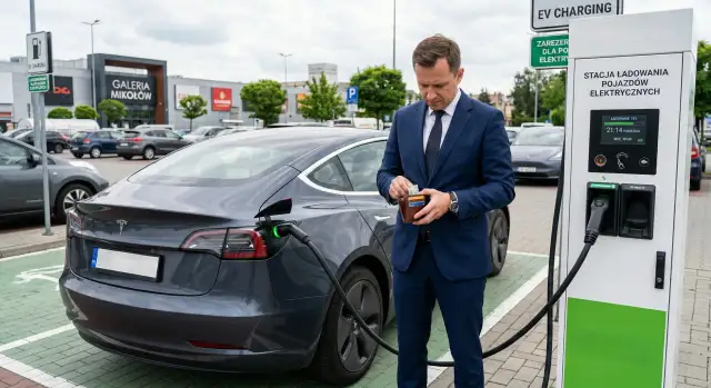 Mężczyzna w garniturze sprawdza portfel przy ładowarce do Tesli. Zastanawia się, ile kosztuje ładowanie samochodu elektrycznego w domu.
