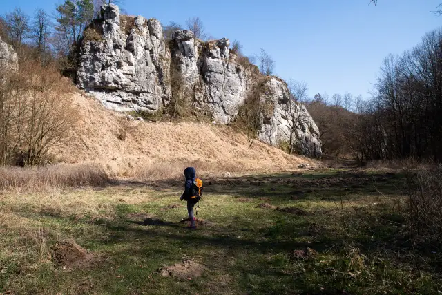 Dziecko z plecakiem przemierza rezerwat przyrody Dolina Kluczwody, podziwiając skalne ściany i wiosenną przyrodę.