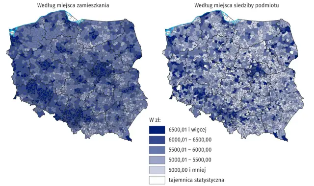 Mapy Polski pokazujące średnią pensję w zł. Różne odcienie niebieskiego oznaczają przedziały zarobków od 5000 zł i mniej do 6500 zł i więcej.
