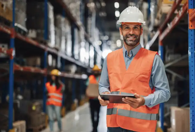 Uśmiechnięty pracownik magazynu w kamizelce odblaskowej i kasku, z tabletem w ręku, nadzoruje stanowiska w logistyce.