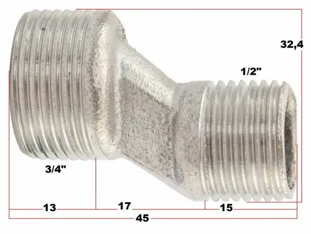 Metalowy nyplowy reduktor z gwintami 3/4" i 1/2". Wymiary: 13, 17, 15, 32,4, 45 mm. Idealny do instalacji, gdzie potrzebne są różne krzywki do baterii rozmiary.