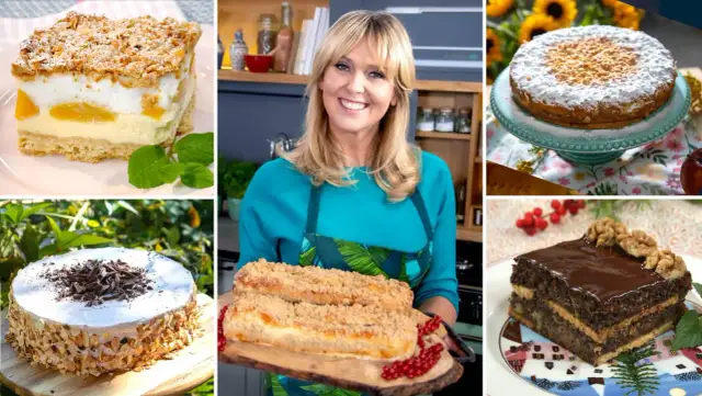 Kolaż zdjęć z ciastami: sernik z brzoskwiniami, tort migdałowy, ciasto z kruszonką, makowiec i ciasto z cukrem pudrem.