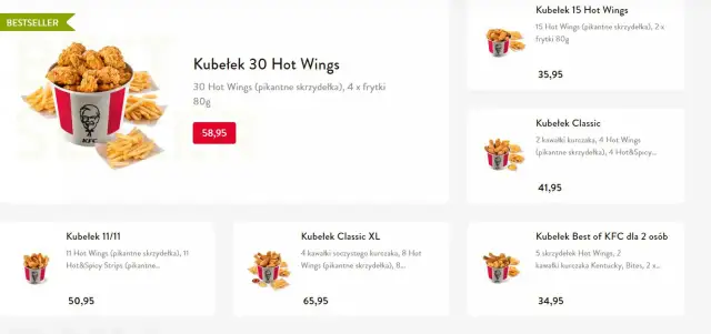 Kubełek 30 Hot Wings z 4 porcjami frytek kosztuje 58,95 zł. Na ekranie widać też inne zestawy, np. Kubełek 15 Hot Wings za 35,95 zł.
