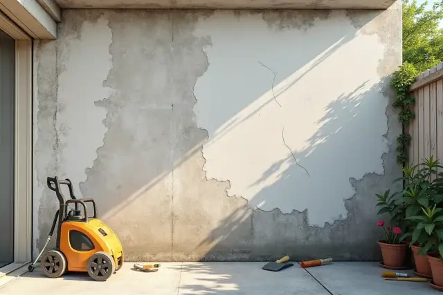 Przygotowania do renowacji starego murku betonowego: myjka ciśnieniowa, szpachelki i pędzle czekają na użycie.