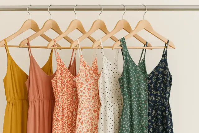 Letnie sukienki na wieszakach: musztardowa, łososiowa, w pomarańczowe kwiatuszki, w grochy, zielona i granatowa. Czy spandex oddycha? Te materiały wyglądają na przewiewne.