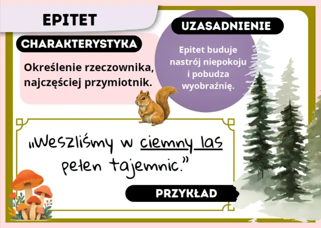 Co to epitet? Określenie rzeczownika, np. "ciemny las". Buduje nastrój i pobudza wyobraźnię.