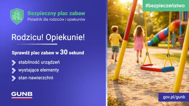 Dzieci biegnące na plac zabaw, huśtawka i zjeżdżalnia w słoneczny dzień.