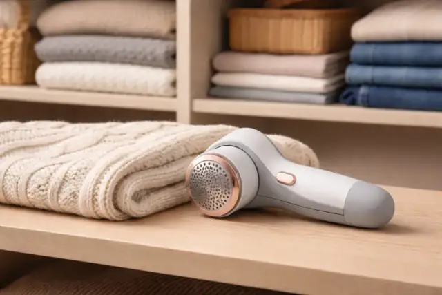 Golarka do ubrań obok złożonego swetra na półce z ubraniami.