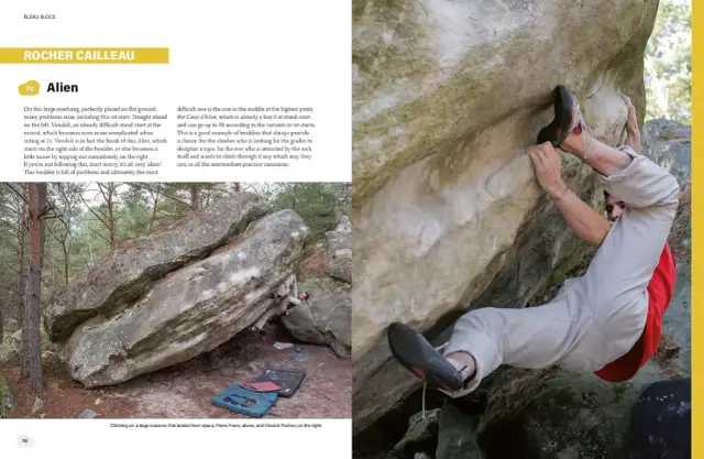 Wspinacz wykonuje trudny ruch na skale w Fontainebleau. Fontainbleau bouldering to wyzwanie dla każdego miłośnika wspinaczki.