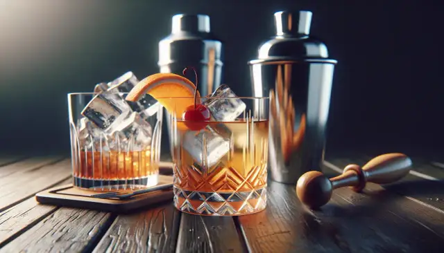 Klasyczny Old Fashioned przepis: whisky, lód, pomarańcza i wisienka. Obok shakery i muddler.