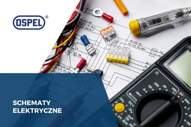 Schematy elektryczne z symbolem czujnika kontaktronowego, przewodami i multimetrem.