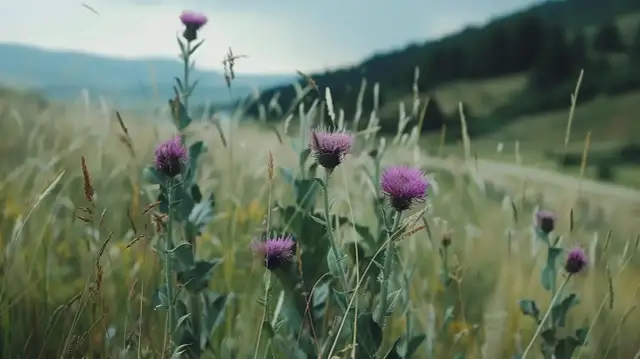 Fioletowe kwiaty ostropestu plamistego na łące. Dowiedz się, jak stosować ostropest plamisty mielony dla zdrowia.