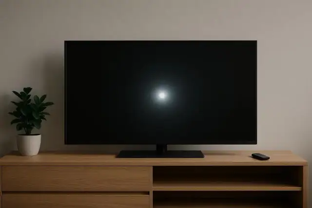 Czarny telewizor Samsung na drewnianej szafce z pilotem i rośliną.