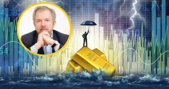 Mężczyzna z parasolem na sztabkach złota w burzliwym morzu, na tle wykresów. Czy to odzwierciedla, ile zarabia prawnik miesięcznie?