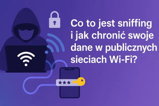 Sylwetka hakera przy laptopie, symbol kłódki i hasła na telefonie. Dowiedz się, co to jest sniffing i jak chronić dane w publicznych sieciach Wi-Fi.