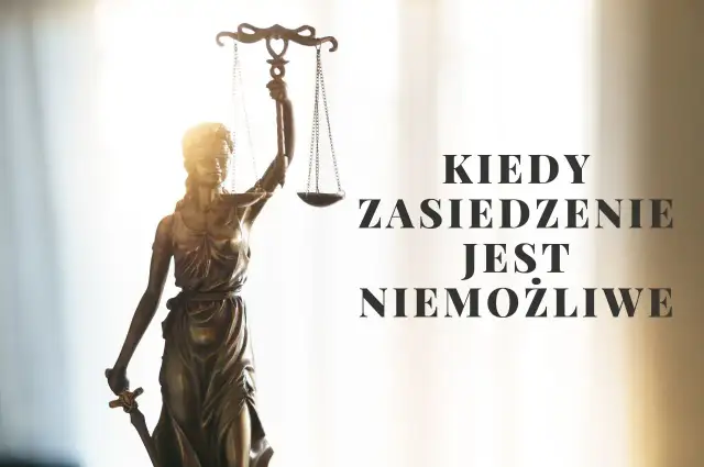 Figurka Temidy z wagą i mieczem, symbol sprawiedliwości. Tekst: Kiedy zasiedzenie jest niemożliwe.