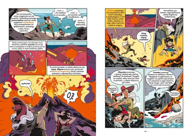 Jak wygląda komiks: naukowcy badają wulkany, lawę i minerały. Dzieci uciekają przed erupcją, a potem obserwują pływające kamienie.