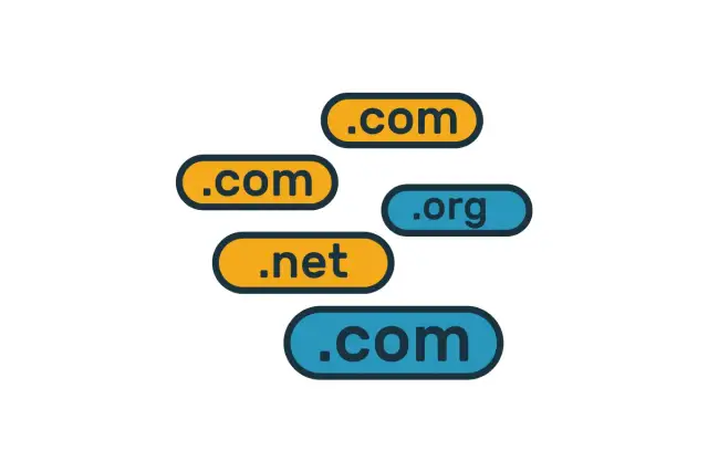 Etykiety domen: .com, .net, .org na białym tle.