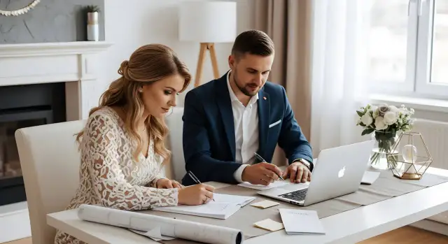 Para młoda przy biurku z laptopem i dokumentami, planująca wesele.