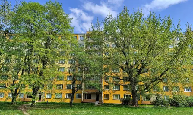 Żółty blok mieszkalny otoczony zielonymi drzewami i trawnikiem.