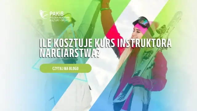 Dowiedz się, ile kosztuje kurs na instruktora narciarstwa. Młoda kobieta z nartami i logo PAKIS.