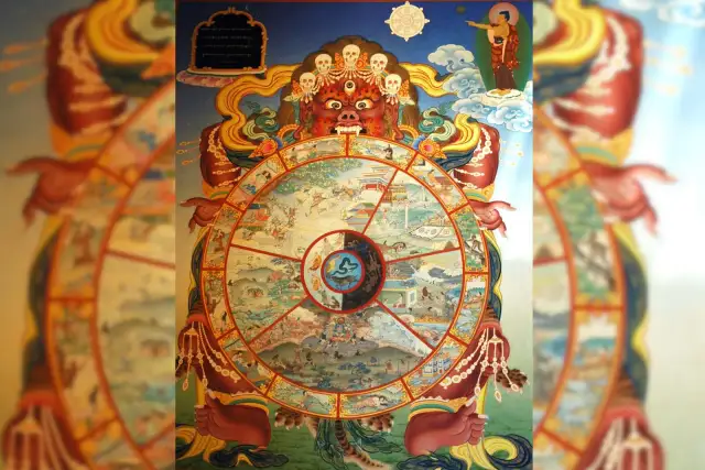 Koło życia buddyzmu z demonem, przedstawiające cykl narodzin i śmierci.