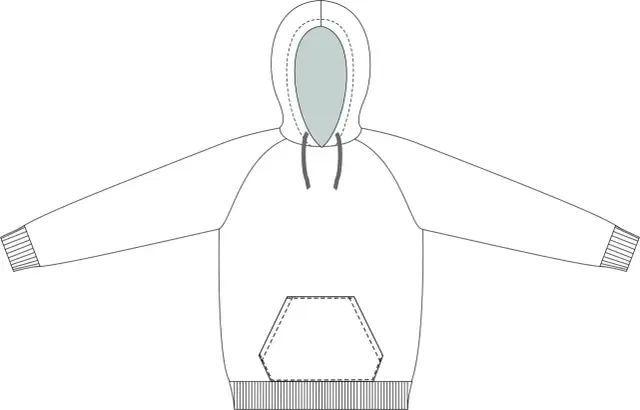 Schematyczny rysunek pokazuje, jak narysować bluzę z kapturem z kieszenią kangurką i ściągaczami.