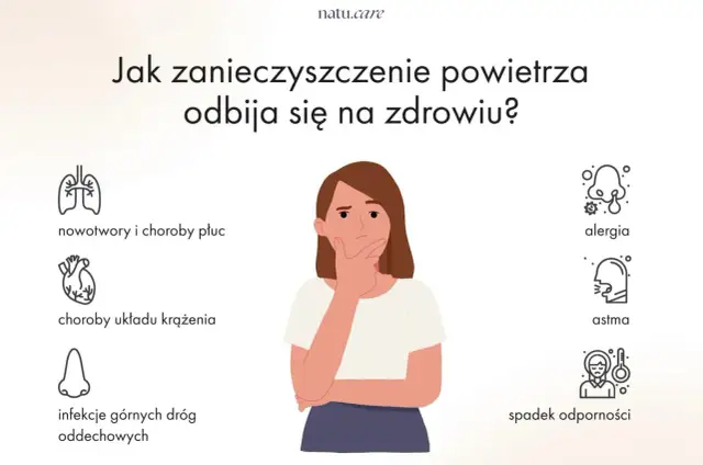 Zanieczyszczenie powietrza i alergeny w nim zawarte mogą prowadzić do alergii, astmy, chorób płuc, układu krążenia, infekcji dróg oddechowych i spadku odporności.