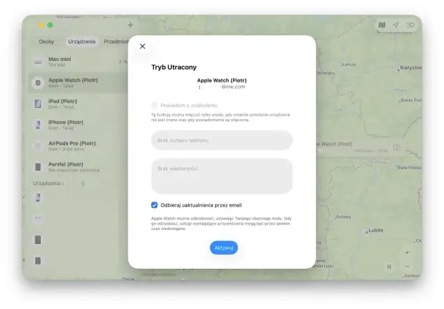 Ekran aplikacji "Znajdź" pokazuje, jak śledzić iPhone'a i inne urządzenia Apple. W trybie utraconym można podać numer telefonu i wiadomość.