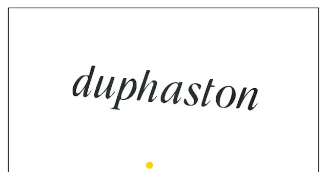 Napis "Duphaston" w eleganckiej czcionce, często stosowany w ciąży.