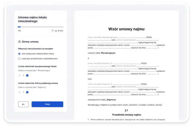 Formularz tworzenia umowy najmu mieszkania z polami do wypełnienia danych stron i przedmiotu umowy.