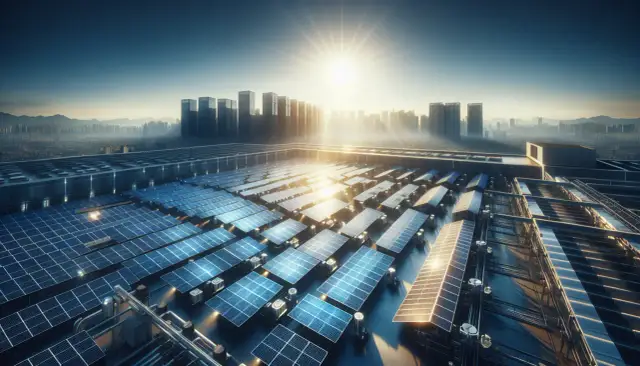 Duże panele fotowoltaiczne na dachu budynku z widokiem na miasto i słońce.