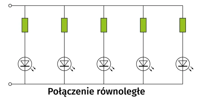 Schemat połączenia równoległego rezystorów z diodami LED. Pokazuje, jak podłączyć rezystor kierunkowskazów LED.