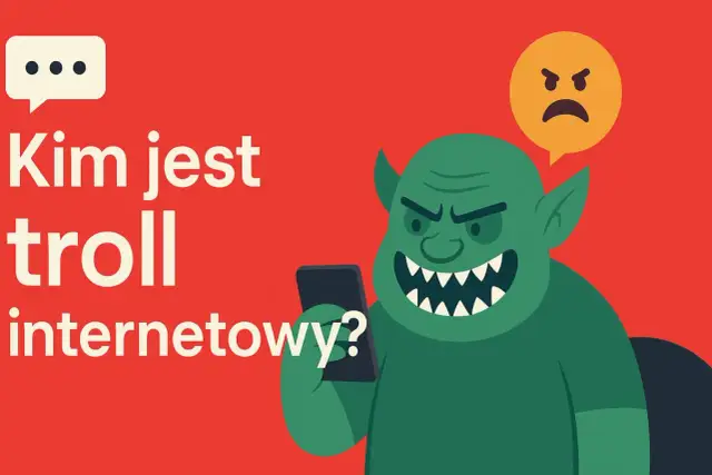 Zły zielony troll z telefonem i chmurką z gniewną emotikoną. Kim jest troll internetowy?