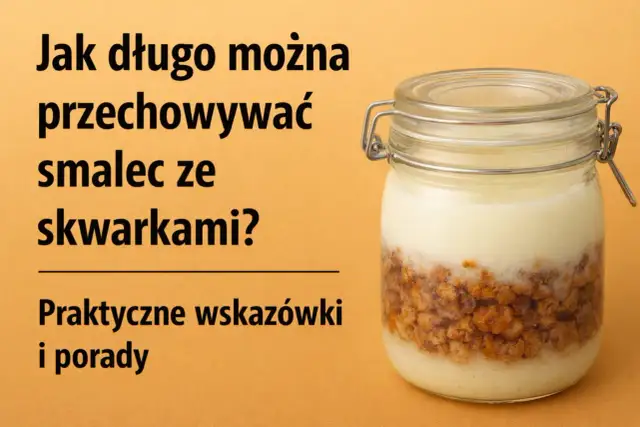Słoik ze smalcem i skwarkami na pomarańczowym tle.