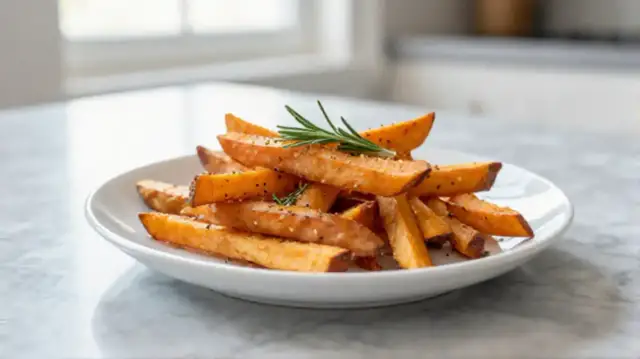 Chrupiące frytki z batatów na białym talerzu, ozdobione rozmarynem i przyprawami.