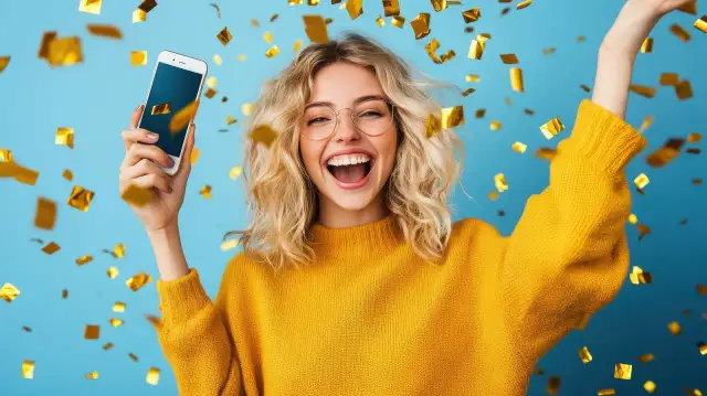 Szczęśliwa kobieta z telefonem w ręku, otoczona złotym konfetti. Idealny moment, by dowiedzieć się, jak zorganizować loterię promocyjną i wygrać!