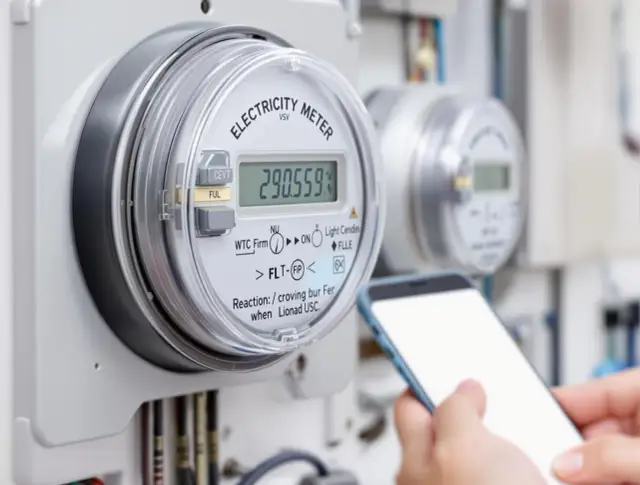 Cyfrowy licznik prądu z odczytem 290.559 i smartfonem w dłoni. Szybko i łatwo dowiedz się, jak przepisać licznik prądu.