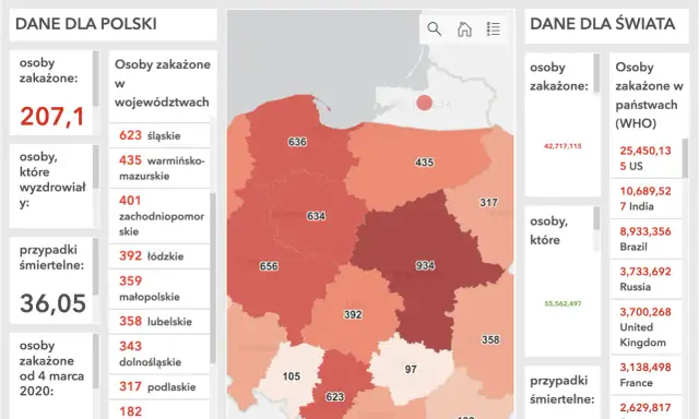Mapa Polski z zaznaczonymi województwami i liczbą zakażeń. Dane o zakażeniach w Polsce i na świecie.