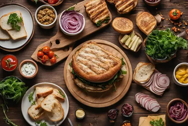 Unikaj objawów niedopasowania menu do gości! Oto jak uwzględnić diety vege i keto: grillowane kanapki, świeże warzywa, sosy i pieczywo.