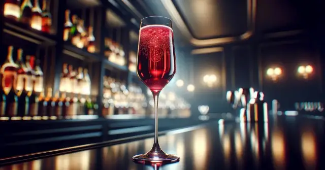 Elegancki kielich z musującym Kir Royale, w tle bar pełen butelek.