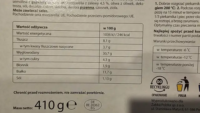 Tabela wartości odżywczych pizzy z podziałem na składniki i ilością kalorii w 100g.